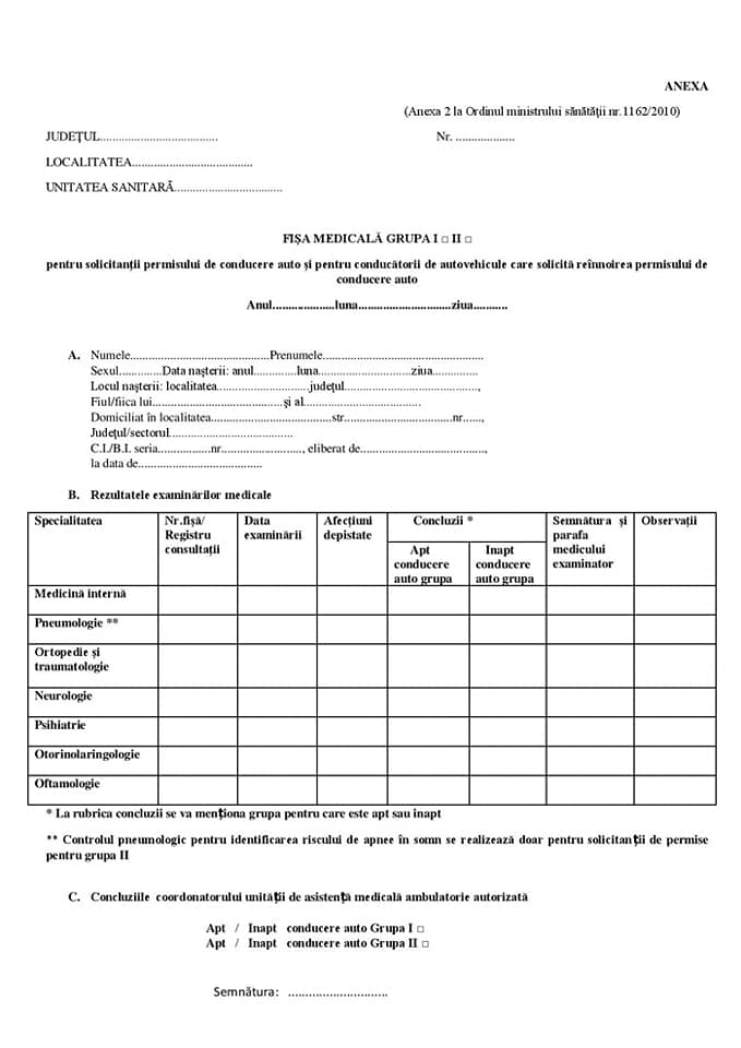 fisa medicala permis auto grupa i
